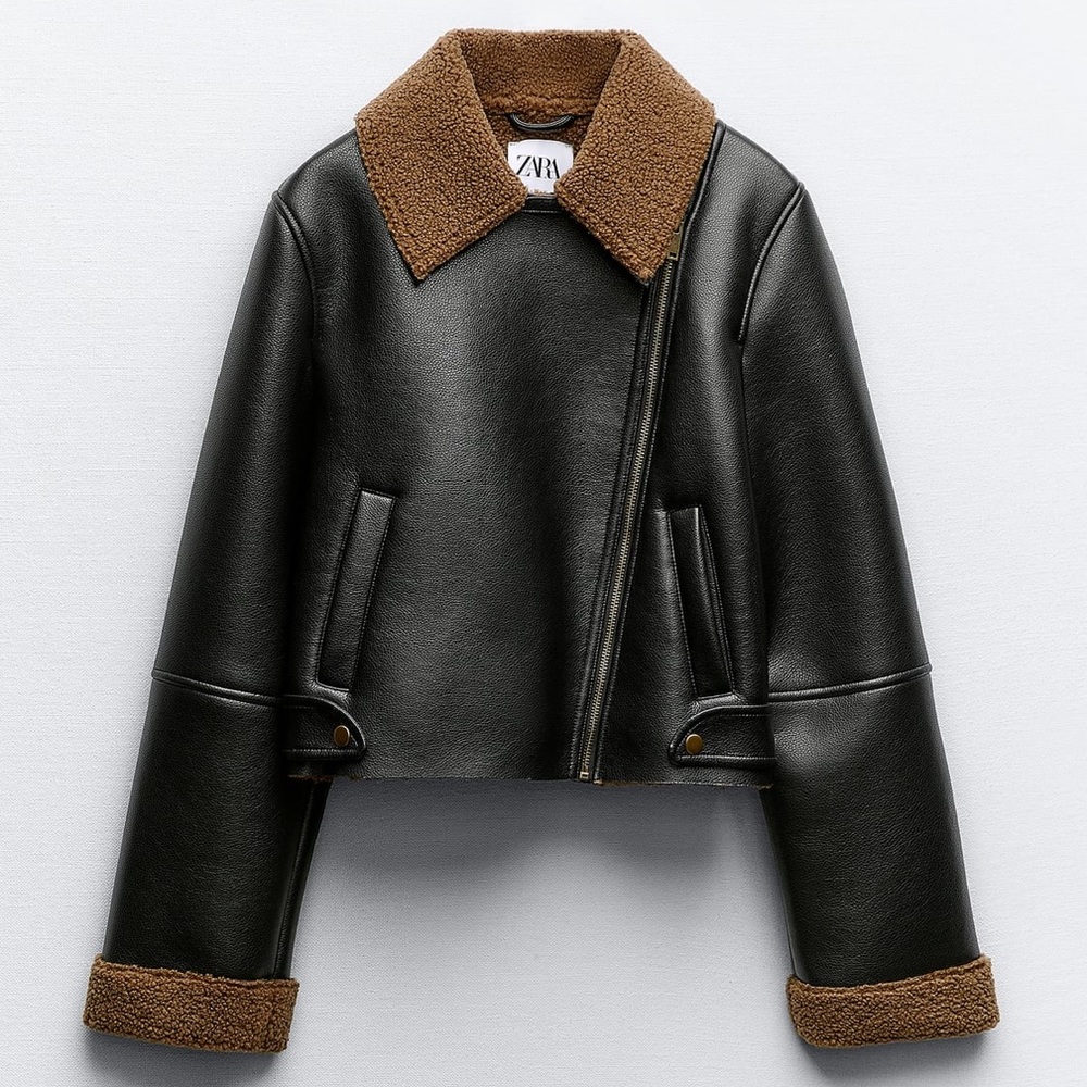 Zara Faux Shearling Lined Biker Jacket